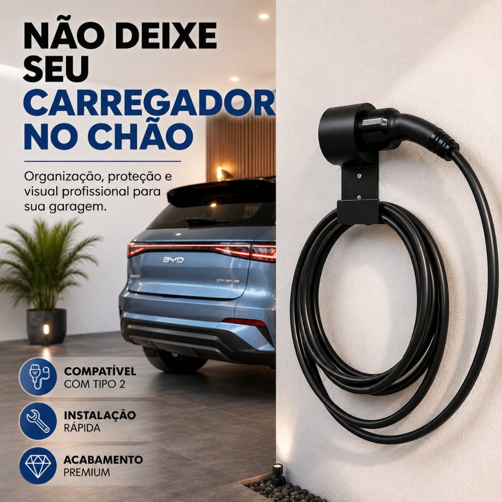 Suporte Parede Carregador Tipo 2 BYD Dolphin Song Seal Volvo BMW Audi Organizador Cabo