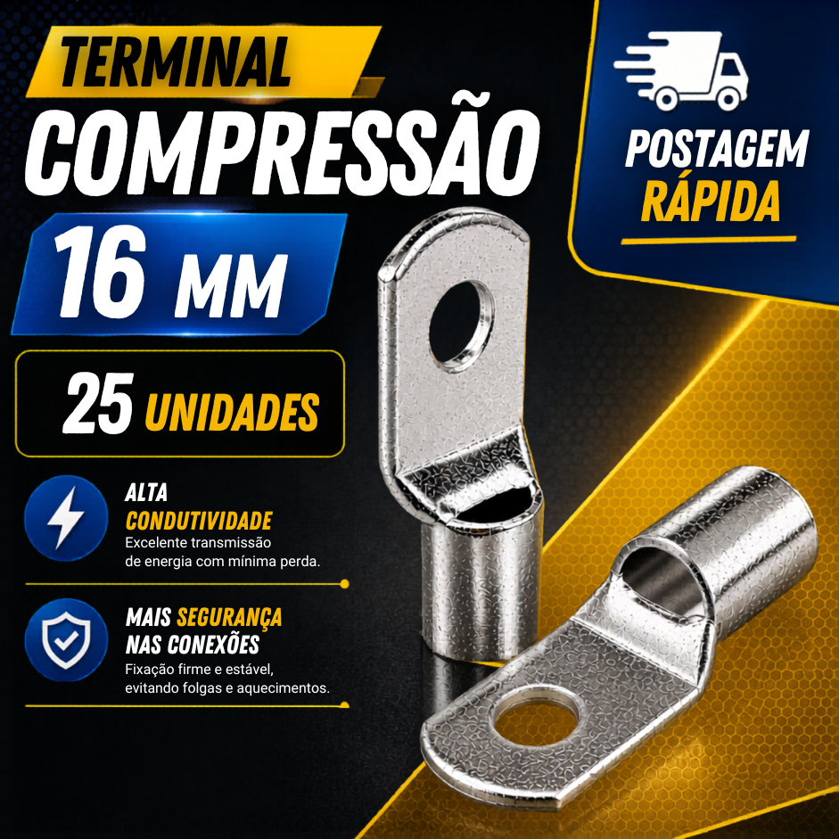 25 Terminal Compressão Olhal 16mm M8 , Argola Bateria Ponteira Conector Cabo 16mm