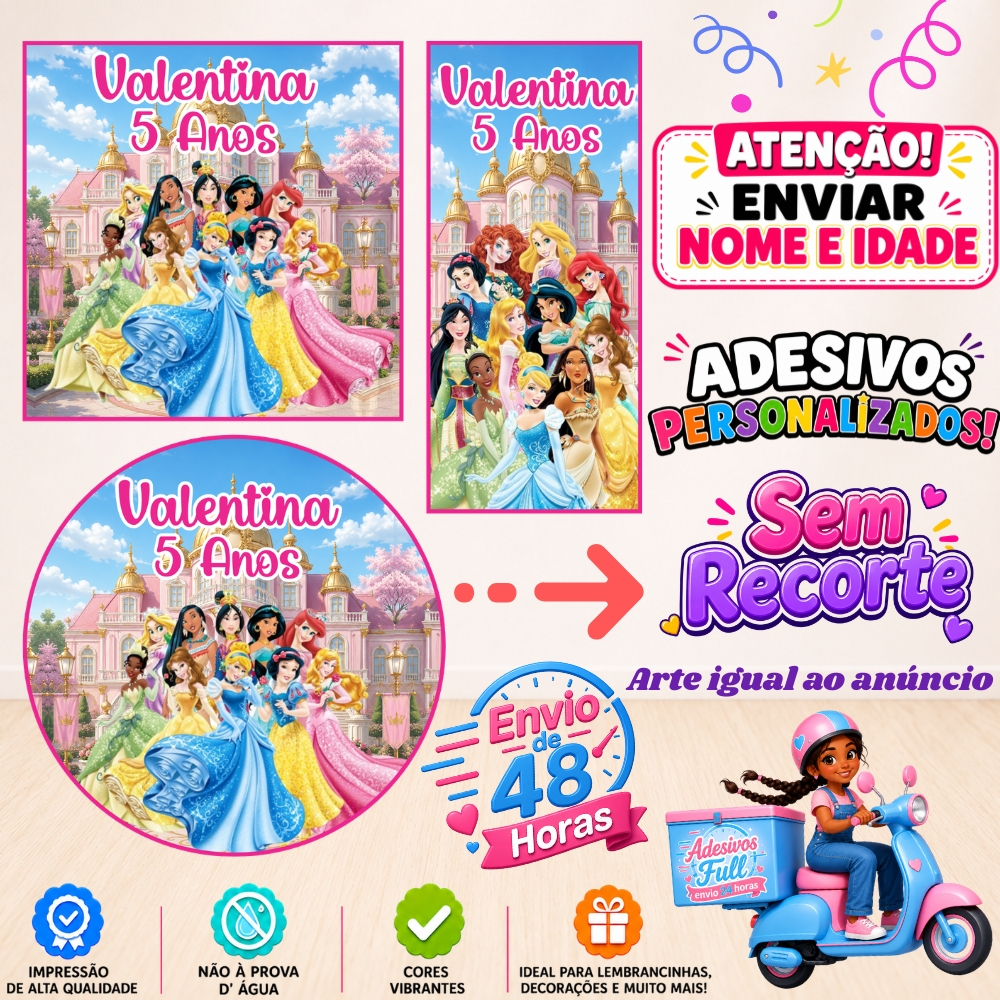 As Princesas - 100/60/40 Adesivos Personalizados Lembrancinhas Festa Aniversário
