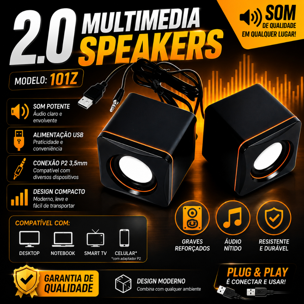 Caixa De Som Multimidia 2.0 Portátil Mini Soundbox 101Z Para PC  Notebook 6W USB P2