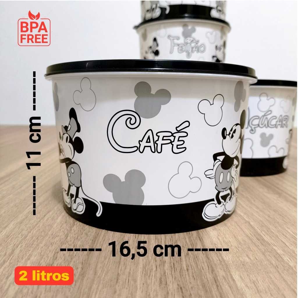 Kit Potes Plásticos Pretos e Brancos 2 Litros Porta Mantimentos Black Mickey Retrô Decorados Cozinha — imagem 2 de 2