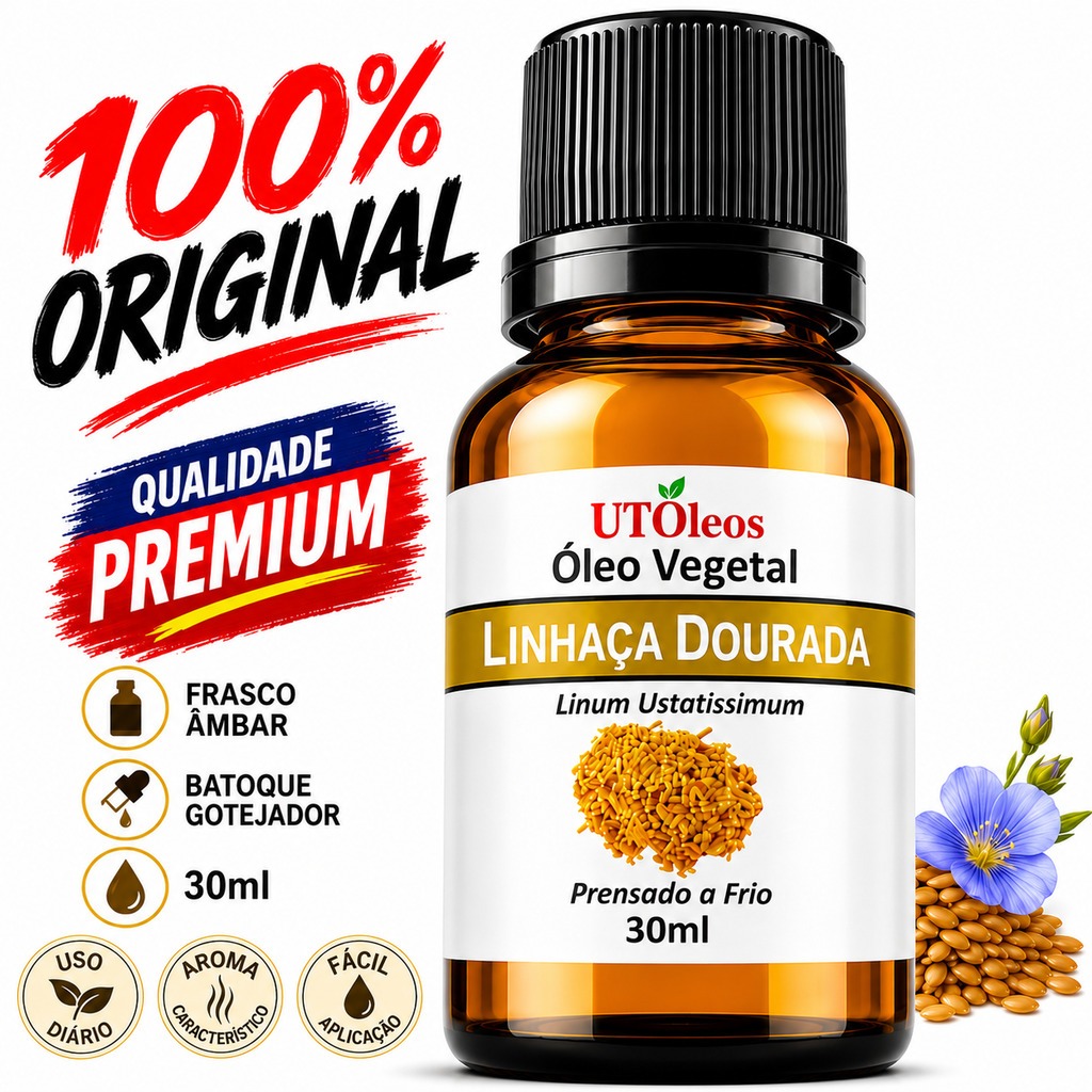 Óleo Vegetal Linhaça Dourada 30ml Prensado a Frio Puro Frasco Âmbar Uso Capilar Corporal e Facial