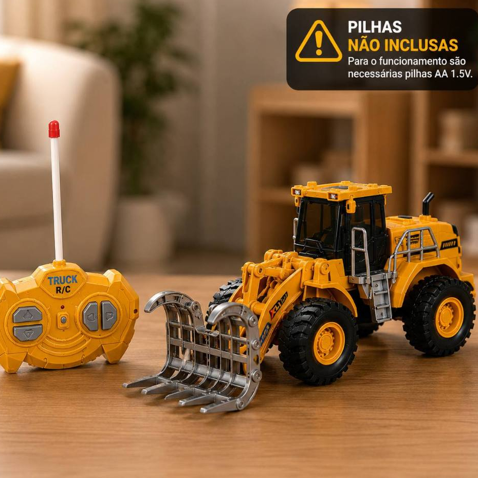 Trator Controle Remoto Infantil Carregadeira Elétrica Brinquedo Construção 21cm Plástico