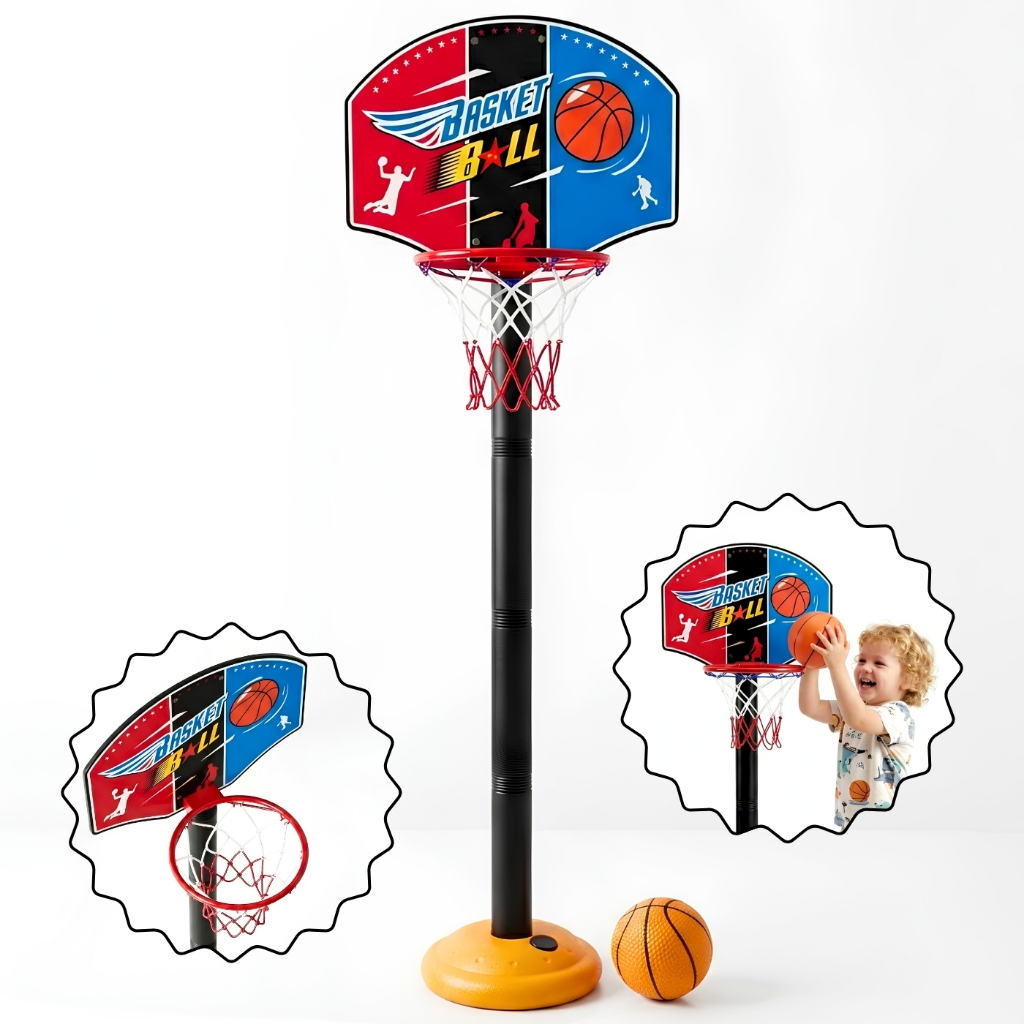 Cesta Basquete c/Bola, ajustável (até 110cm) - vertical, Rede de Plástico, Base firme, Tabela Aro