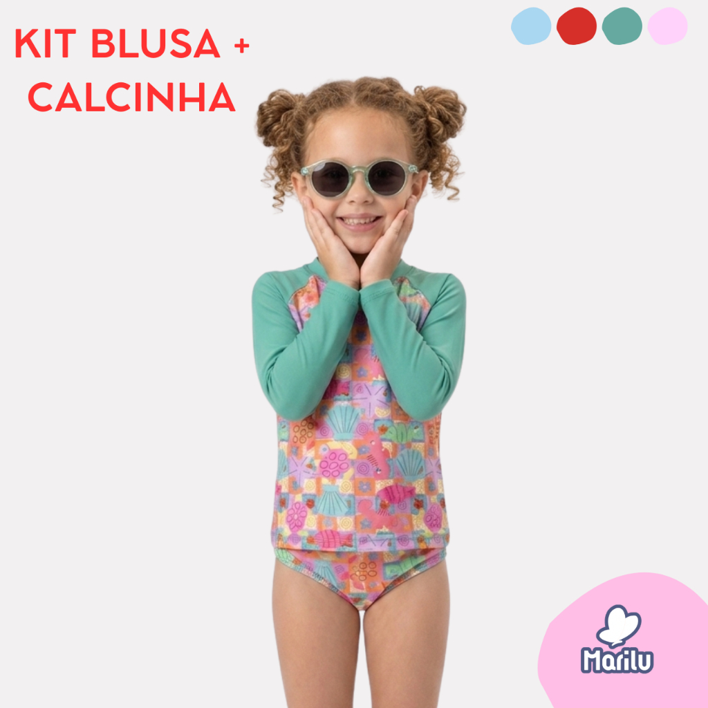 Conjunto de banho praia infantil menina proteção uv camisa e calcinha piscina solar natação estampado feminino