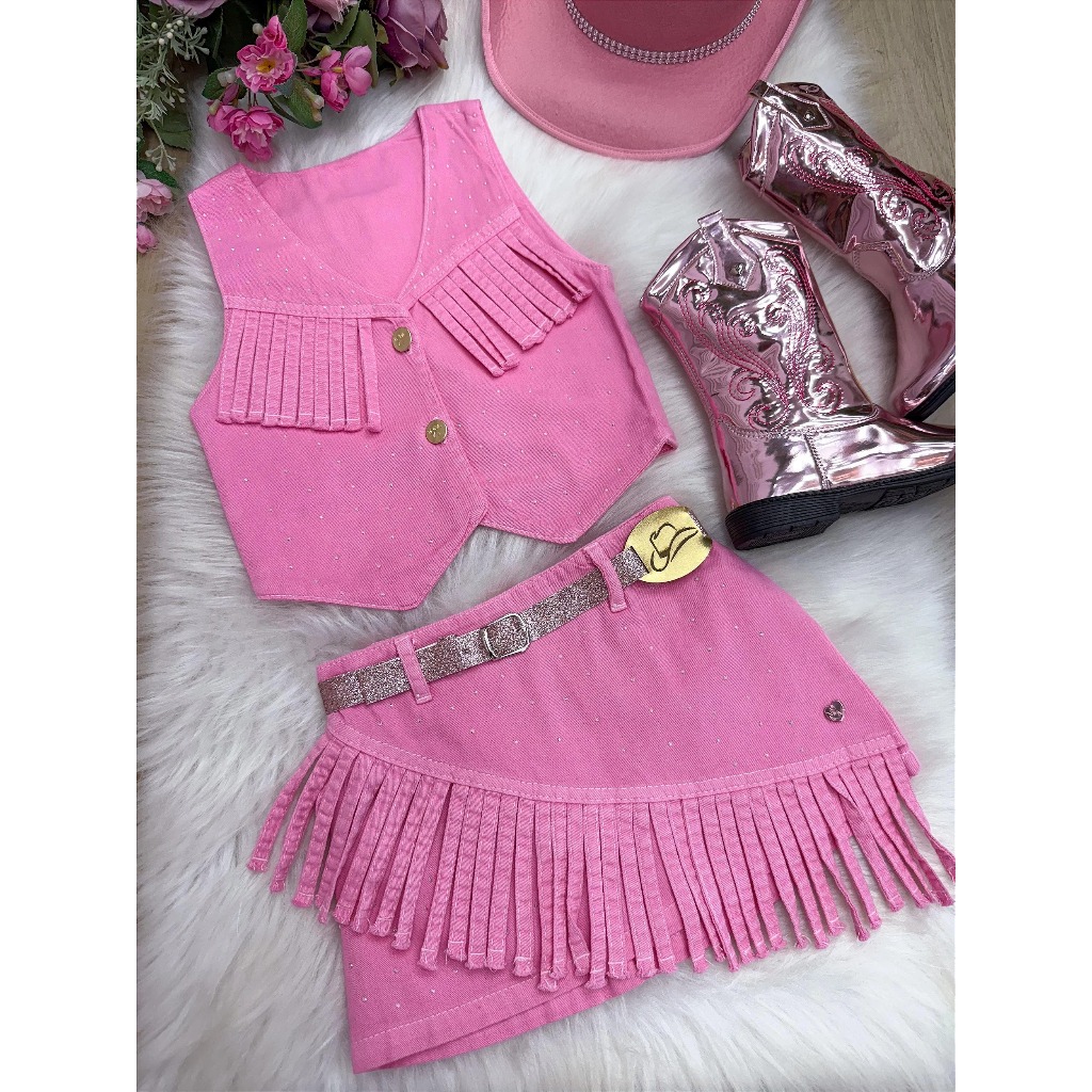 Conjunto Ana Castela Rosa Infantil Juvenil Boiadeira Blogueirinha 2 ao 18
