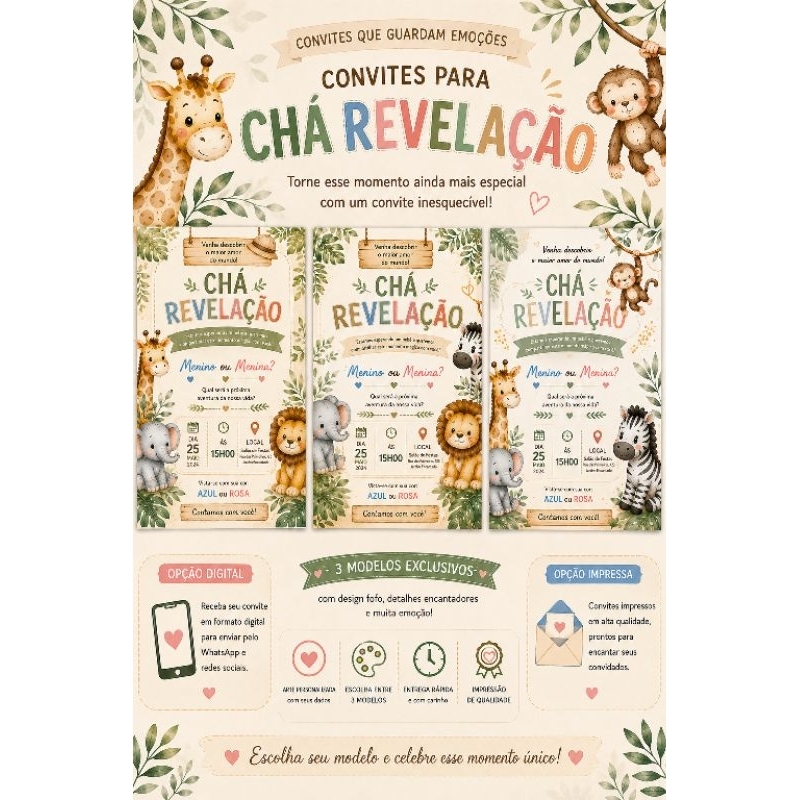 Convite chá revelação, Baby Safári/Baby aventureiro - impresso e digital