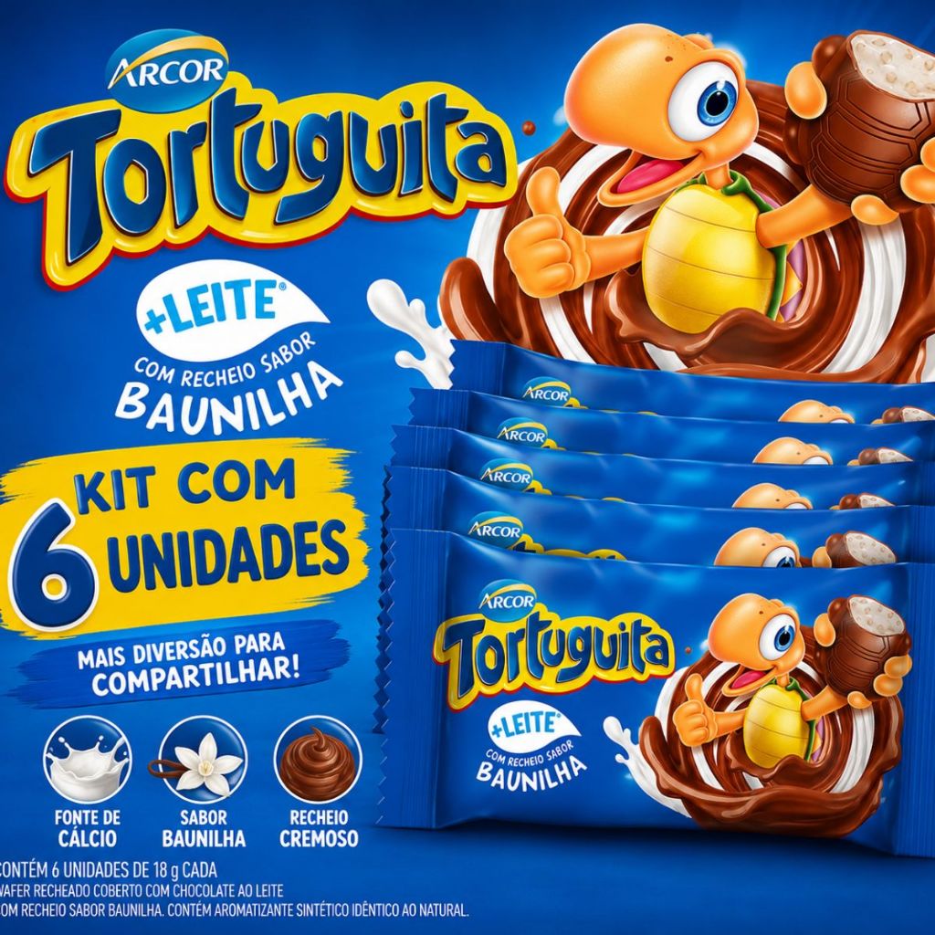 Kit 6 unidades Tortuguitas Chocolate Recheio Sabor Baunilha 15,5G Arcor