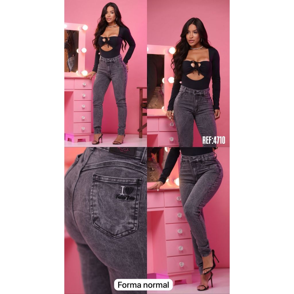 Calça Jeans Sal E Pimenta E Mary Land e Faixa Rosa Calça Com Elastano Feminina  Cintura Cós Alto