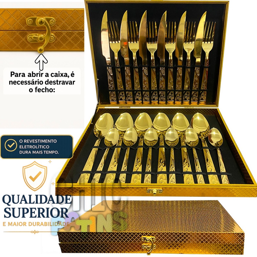 Conjunto Faqueiros Em Inox Dourado Com Maleta Kit 24 Peças De Faqueiros Jogo Talheres Barato