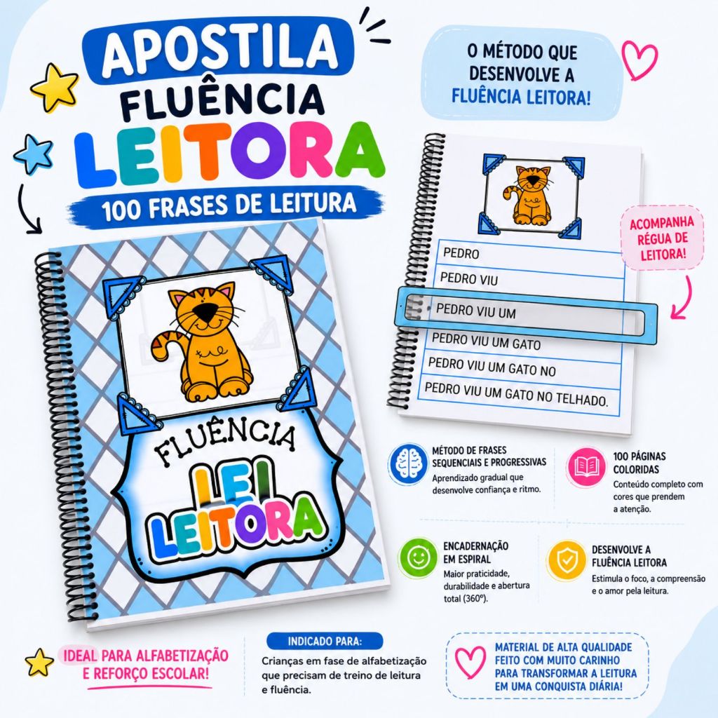 Apostila Lendo com Fluência/100 Frases Lúdica Régua Apoio Fluência Alfabetização