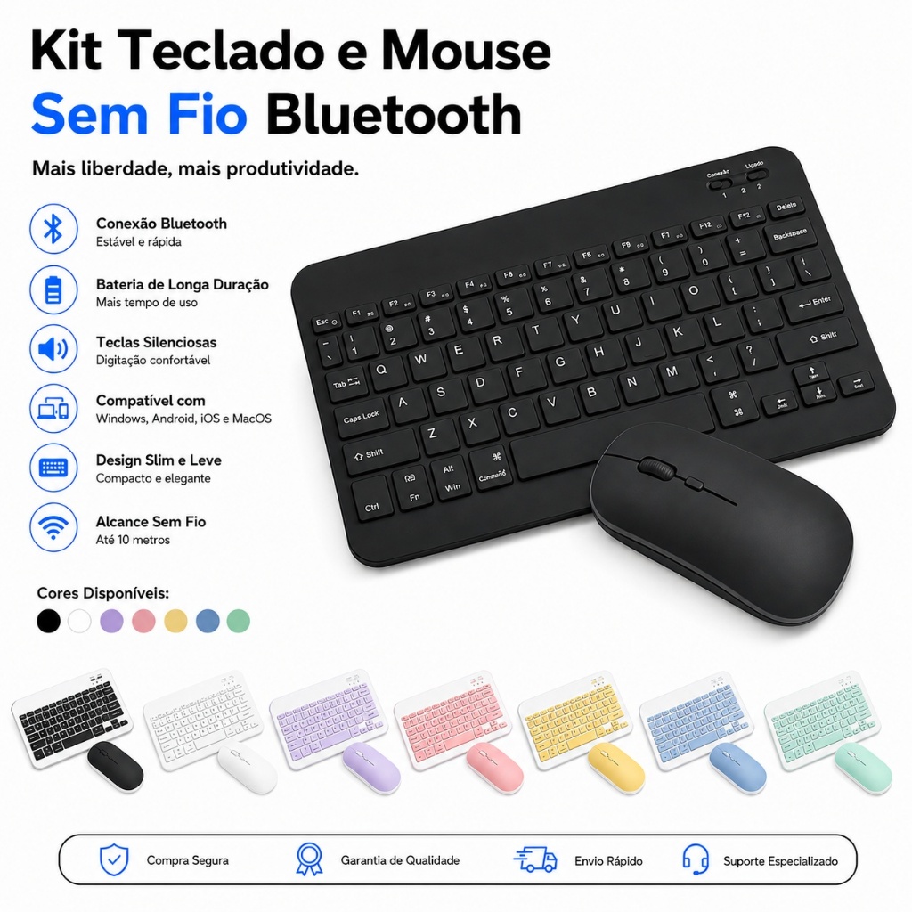 Kit Teclado e Mouse Sem Fio Bluetooth Ultrafino Portátil Recarregável Celular Notebook Computador