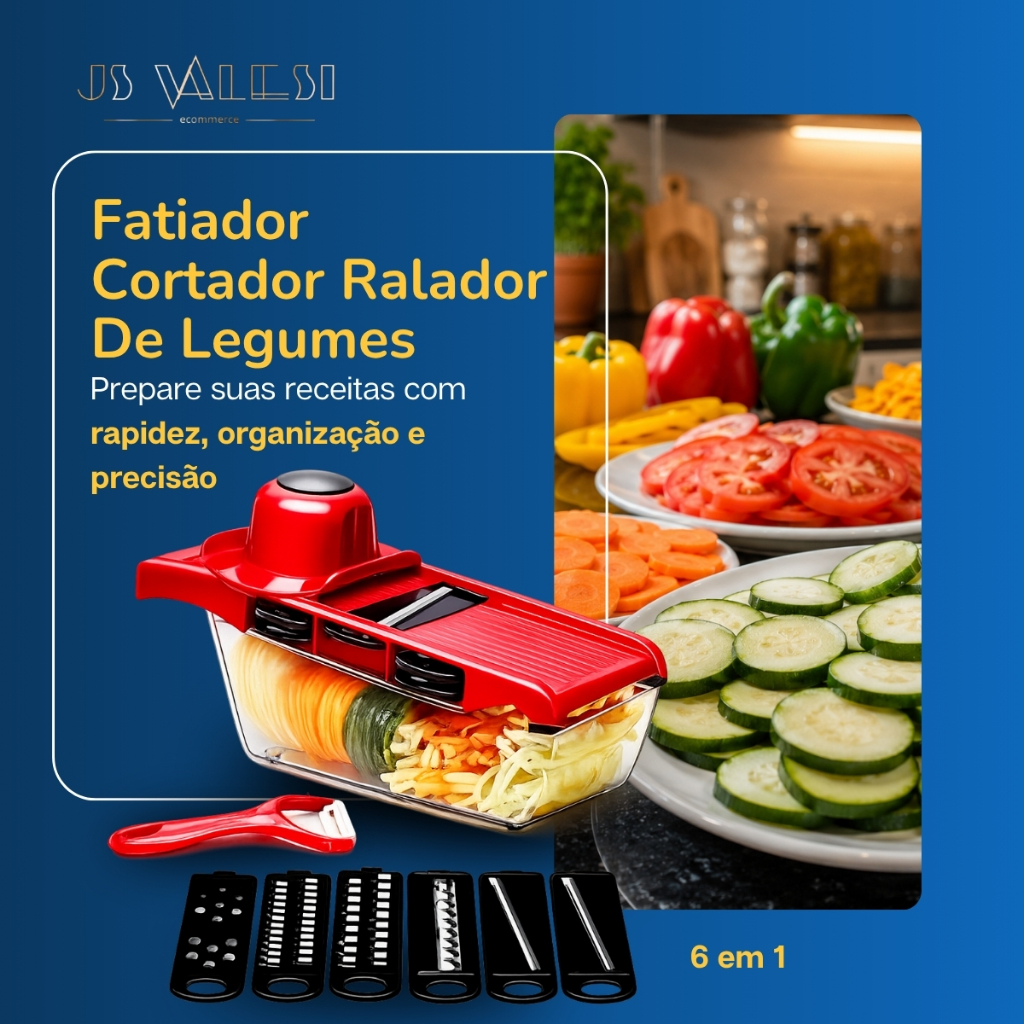 Fatiador Mandoline 6 Em 1 Cortador Ralador Legumes Frutas Lâminas Inox Multifuncional