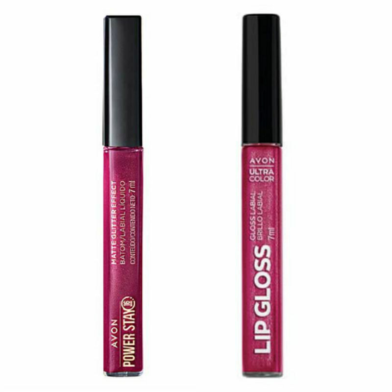 Kit Batom Líquido Power Stay Matte Glitter Effect Magenta Reluzente + Lip Gloss Labial Ultra Color Rosa Impacto 7ml Avon