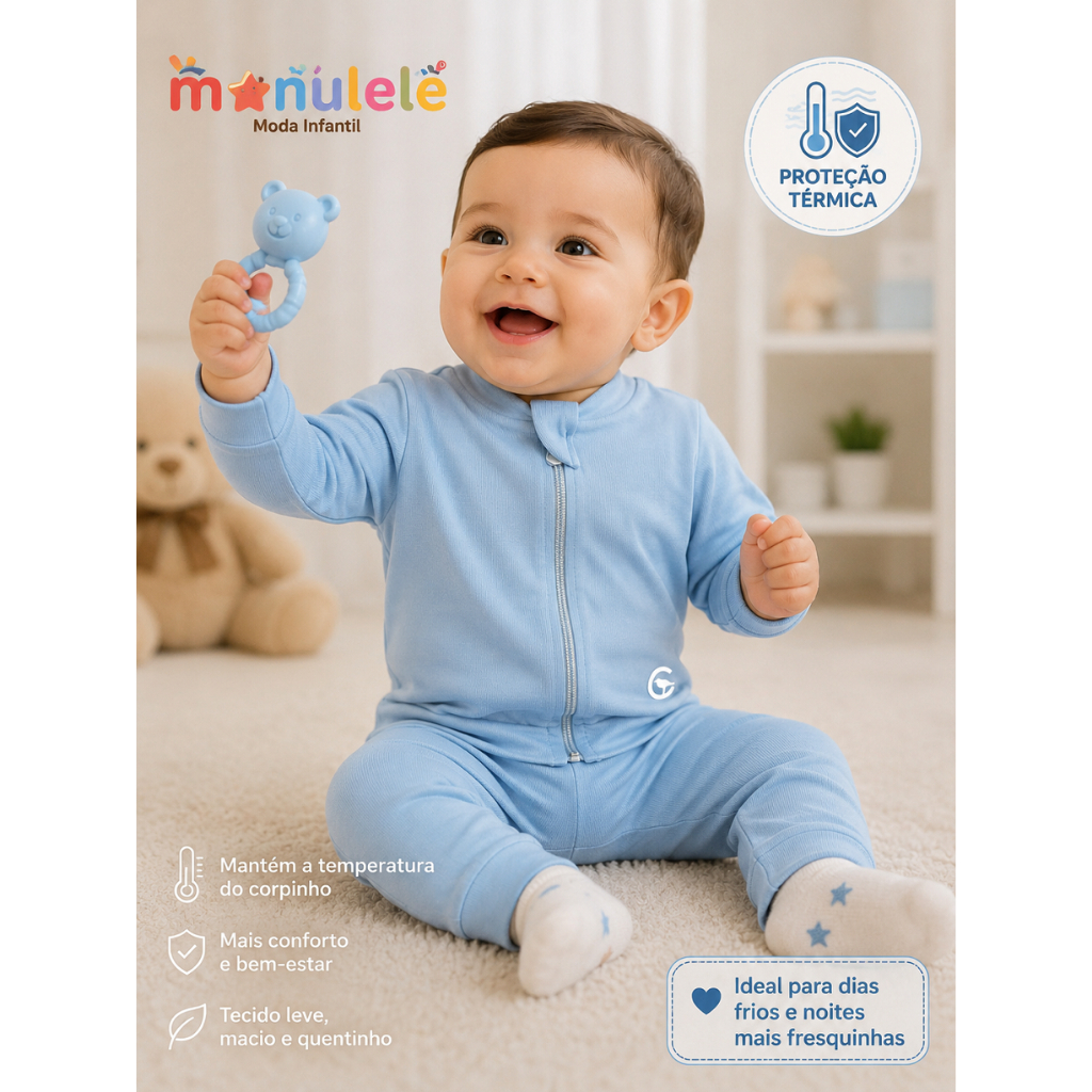 Conjunto Infantil Bebê Menino Agasalho Roupa Térmica Peluciada Inverno com Zíper Quentinho Azul Marinho Preto Tam P a 10