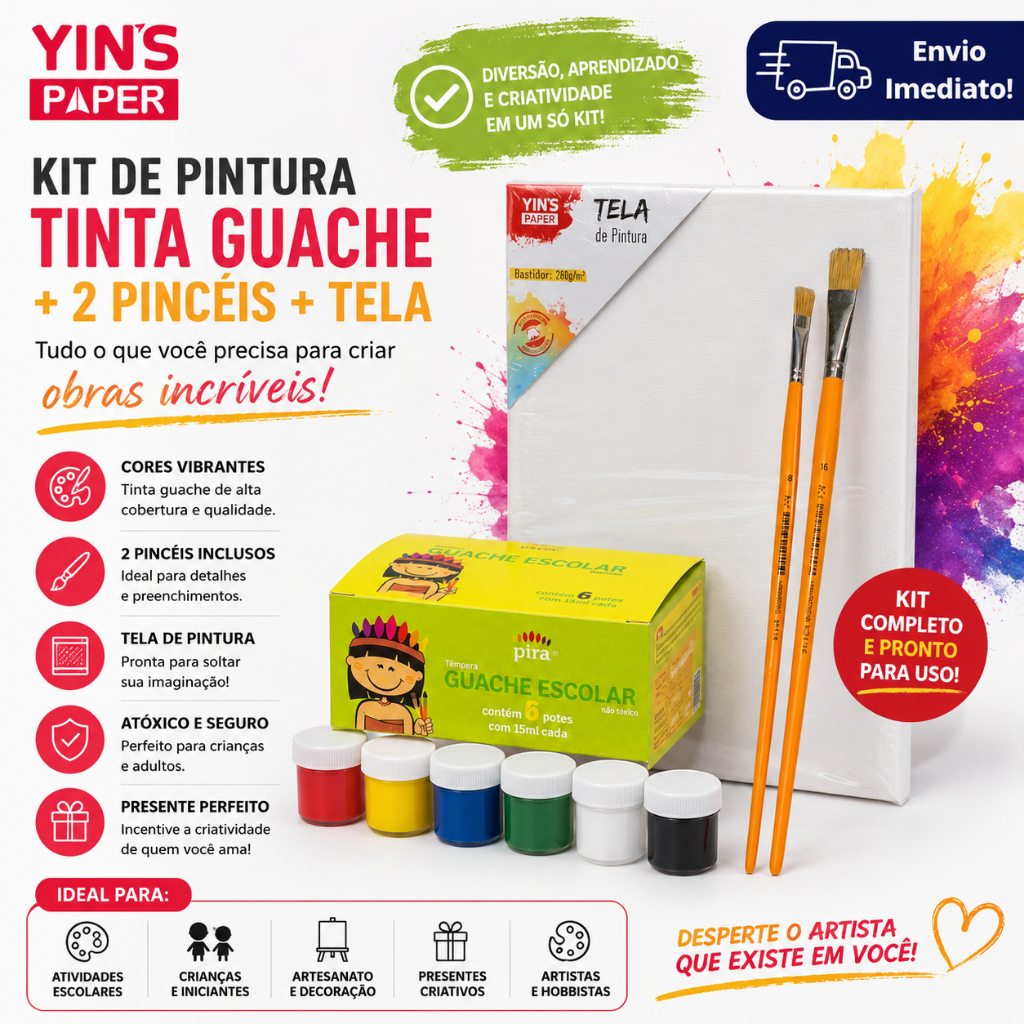 Kit Pintura Infantil Tela Para Pintura + Tinta Guache + 2 Pincéis Escolar