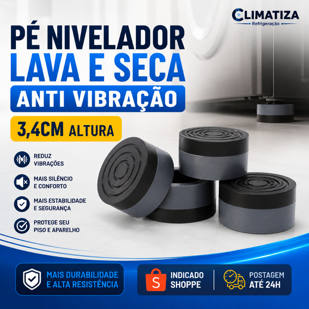 Kit 4 Pés Nivelador Anti Vibração Máquina Lavar Lava e Seca Secadora Universal Antiderrapante Borracha Reduz Barulho