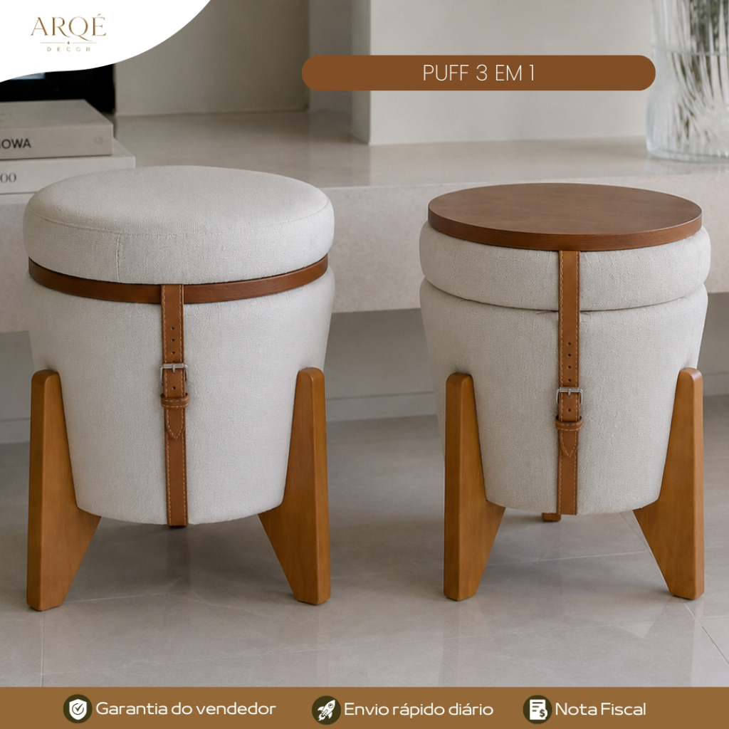 Puff 3x1 Premium Alto Padrão Decorativo Baú Organizador Banco Mesa de Centro para Sala Quarto Escritório