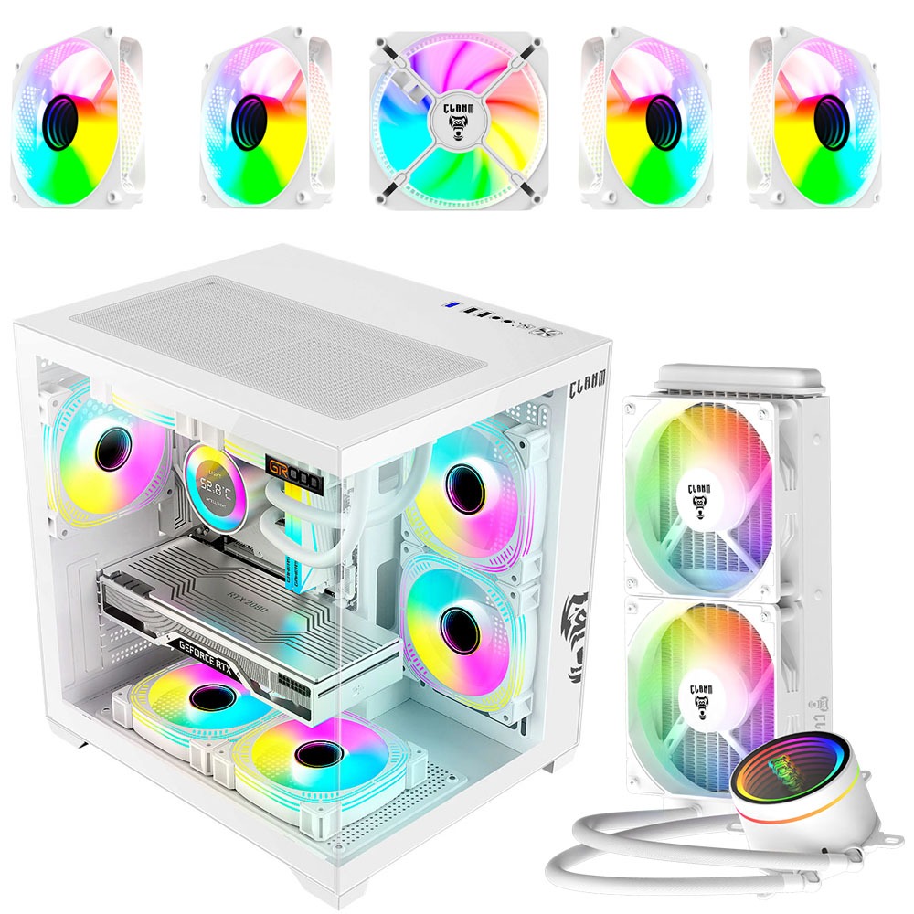 Kit Gabinete Gamer Clanm Grodd Snow Mid Tower Vidro + 5 Fans RGB + Water Cooler Cryos 240mm Branco