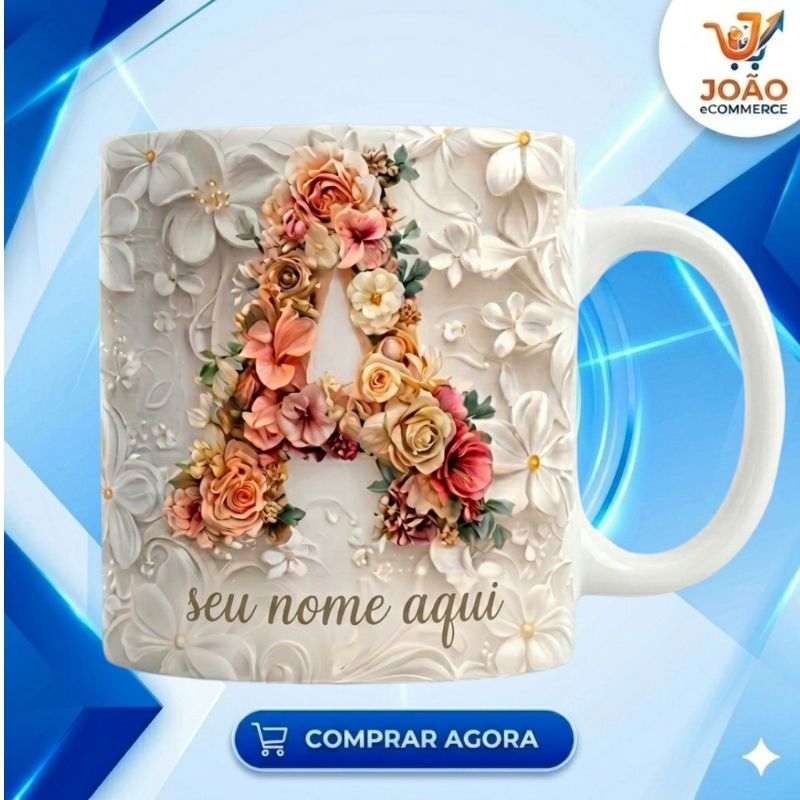 Detalhes do Caneca Porcelana Personalizada Alfabeto Com Inicial e Nome Fundo 3D Floral Xícara Presentes 325ml