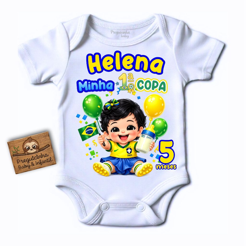 Body bebê Jogo do Brasil Minha Primeira Copa do Mundo Brasil 2026 personalizado com Nome e Mês Tema Copa