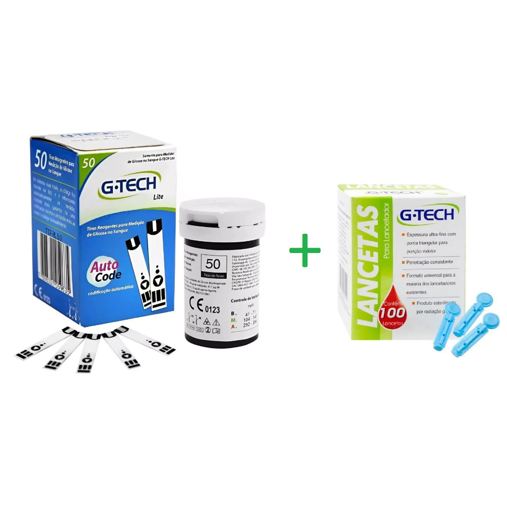 Kit 50 Tiras Reagentes G-Tech Lite Para Monitoramento De Glicose + 100 Lancetas G-Tech