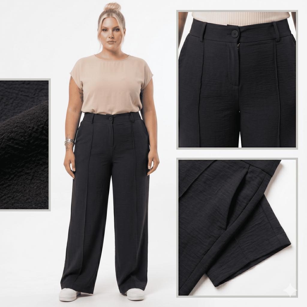 Calça Plus Size Feminina Pantalona Soltinha Cintura Alta Tecido Duna Casual Wide Leg Boca De Sino