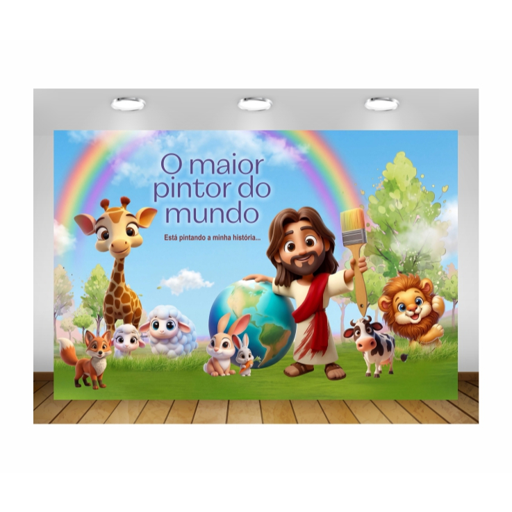 Painel de Festa Jesus o maior pintor do Mundo Painel de Lona Jesus e Crianças Jesus Bíblico Cristão EBD Escola Bíblica