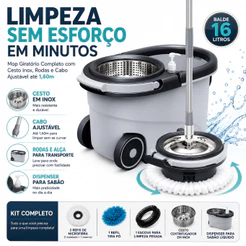 Mop Giratório Com Cesto Em Inox Cinza - Cabo 150cm - Completo - CH