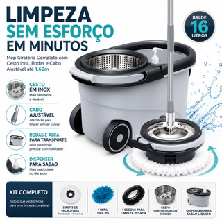 Mop Giratório Com Cesto Em Inox Cinza - Cabo 150cm - Completo - CH