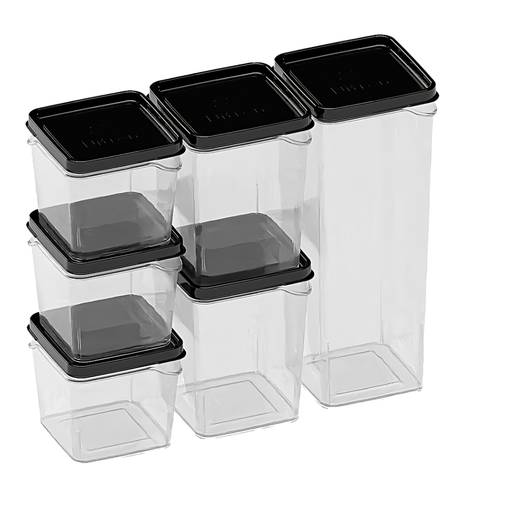 Kit 6 Potes Herméticos Vedação Forte Kit Organizador Cozinha Mantimentos Transparente e preto Empilhável BPA Free