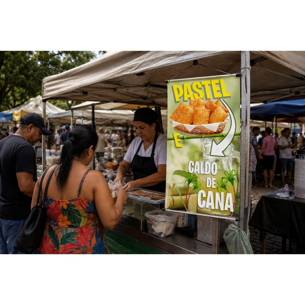 Lona Banner Pastel Caldo de Cana Feira Vender Bebida Comida Pastelzinho