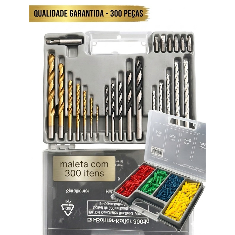 Jogo Kit Brocas E Bits Com Maleta Organizadora 300 Peças - Completo para Furadeira e Parafusadeira