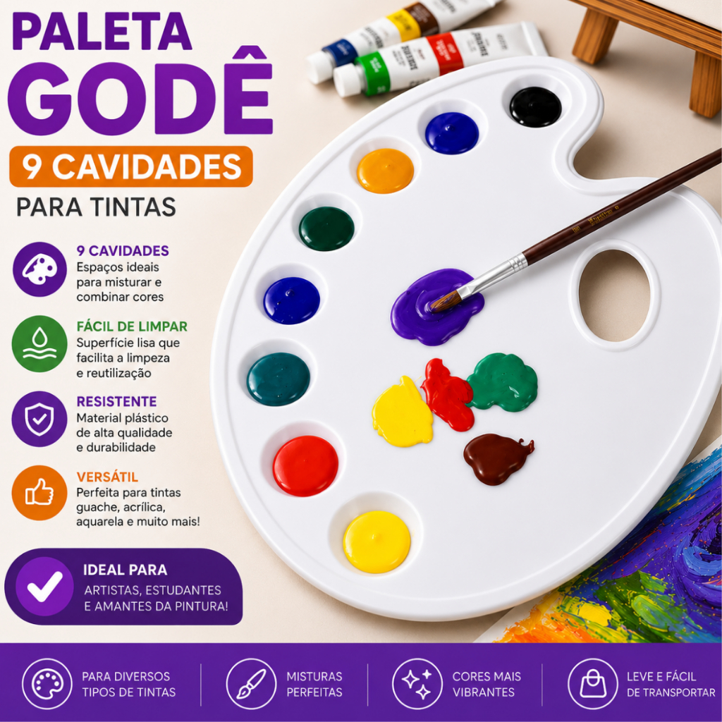 Paleta de Tinta  Godê Para Pintura Artes Artesanatos Com 9 Cavidades