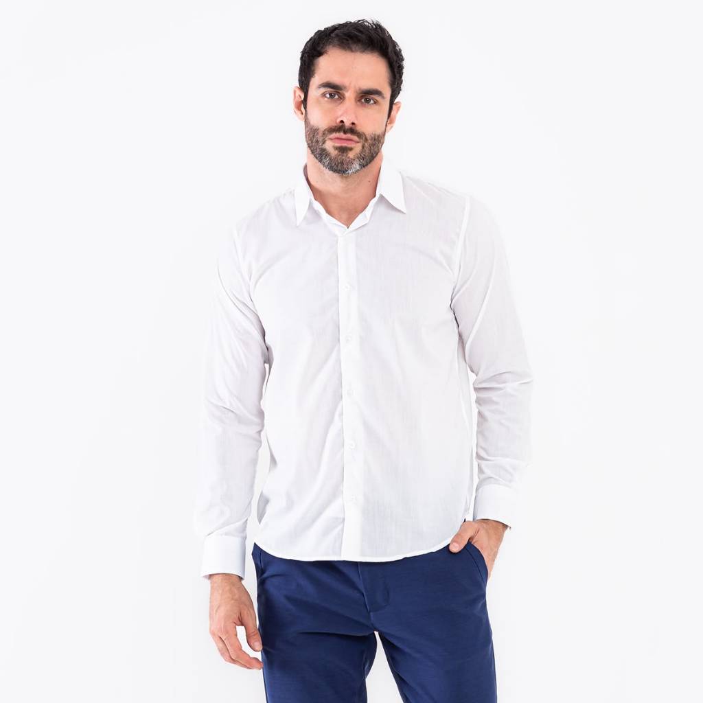 Camisa Social Masculina Algodão Elastano Sem Bolso