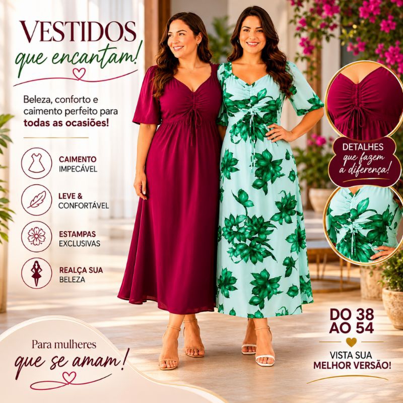 Vestido Midi Estampado Viscolinho Decote V Ajustável Manga 3/4 Lançamento Evangélico Elegante