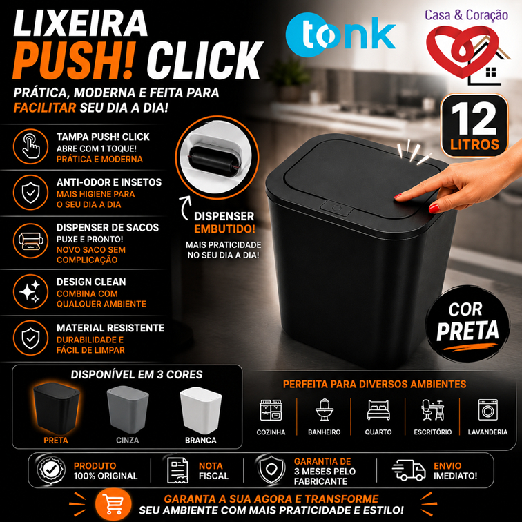 Lixeira Preta 12 Litros com Tampa Click + Dispenser Interno de Sacos