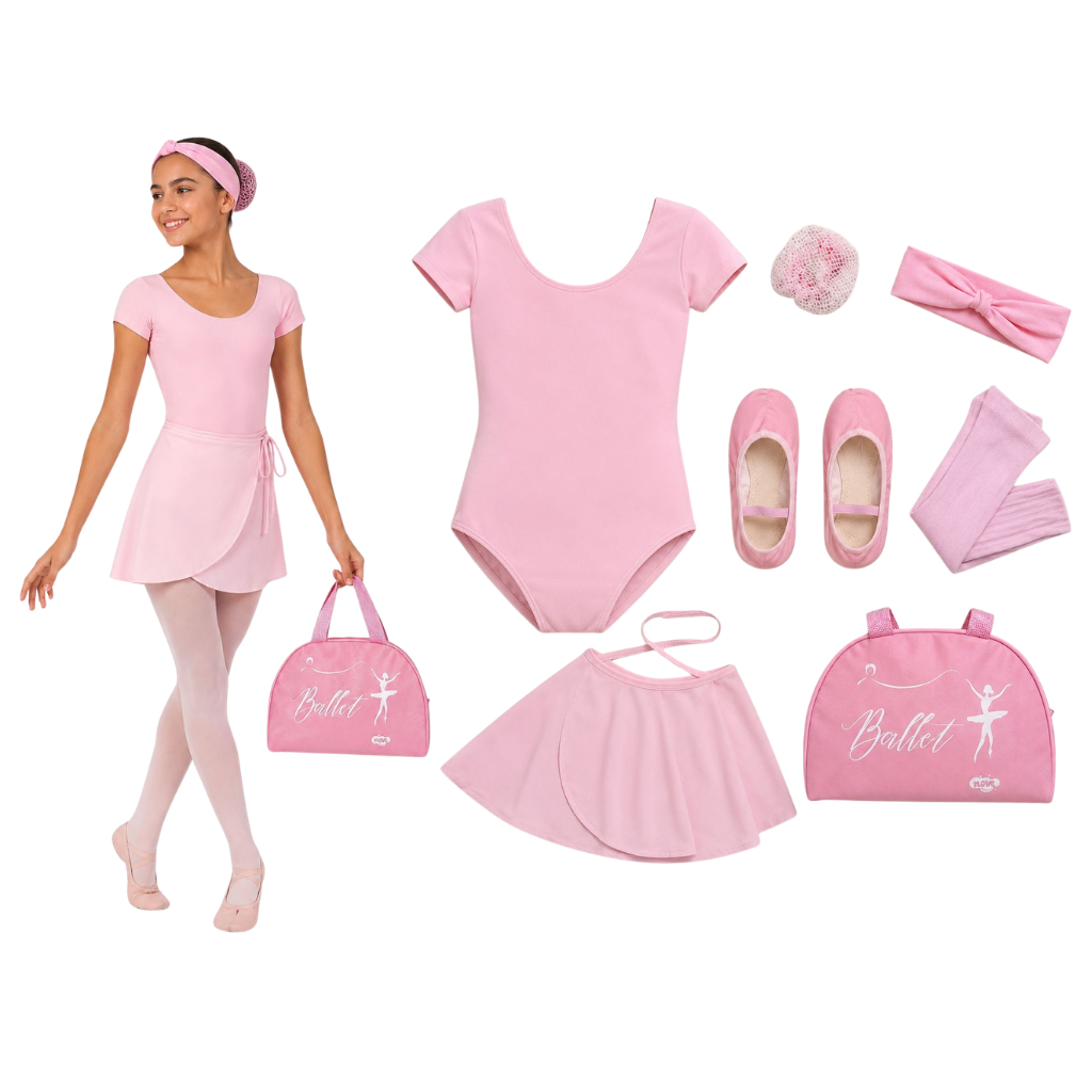 UNIFORME Kit Ballet Infantil 7 Itens c/ BOLSA + Collant Meia Manga + Saia Transpassar Bailarina ROSA