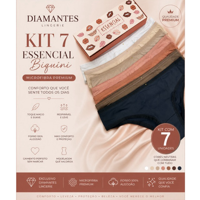 Kit 7 Calcinhas Essencial | Diamantes Lingerie | Calcinha | Microfibra | Fundo Padrão