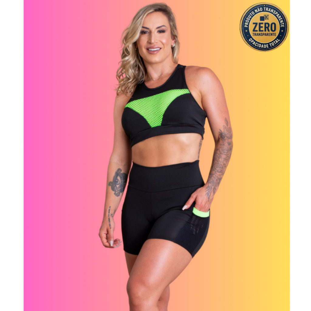 Conjunto Fitness Feminino Short Cintura Alta Com Bolso Tela Lateral E Top Nadador Com Tela Academia ZERO TRANSPARÊNCIA