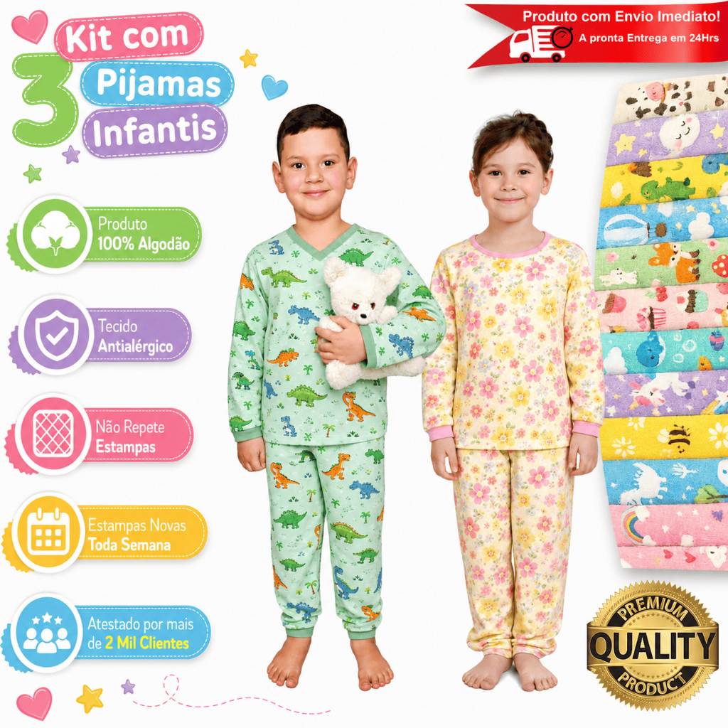 Kit 3 Pijamas Infantil Algodão Estampado Menino Menina Manga Longa Calça