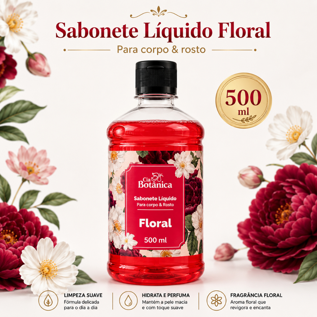 Sabonete Líquido Floral Cia Botânica 500ml Corpo e Rosto Hidratante Perfumado