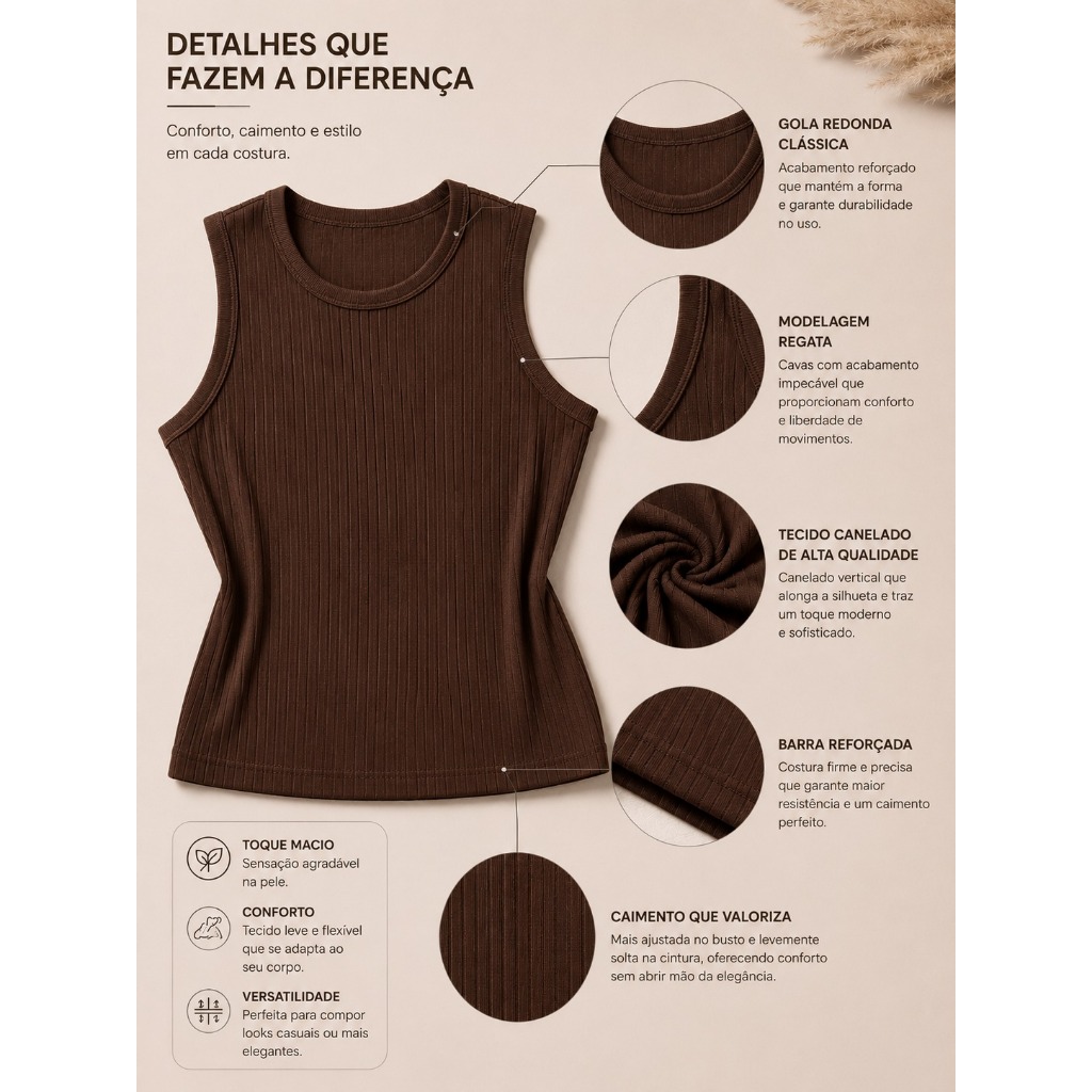 Regata Feminina Plus Size Básica Canelada Ajustada Gola Redonda Blusinha Alça Grossa Slim G1 G2 G3 — imagem 2 de 2