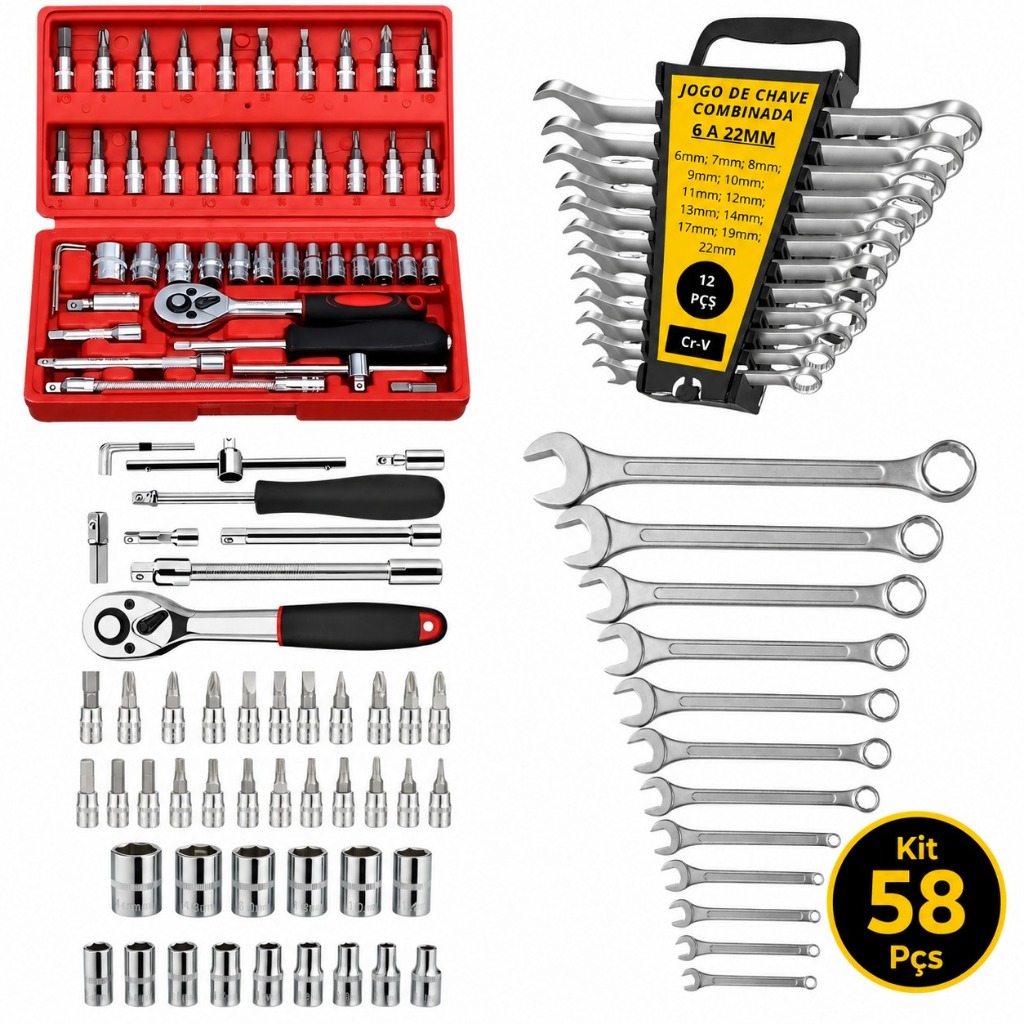Jogo De Chave Soquete Catraca Chave Combinada Soquetes Fenda Philips Torx Allen Kit Ferramentas Completo Aço Crv 58 Pçss