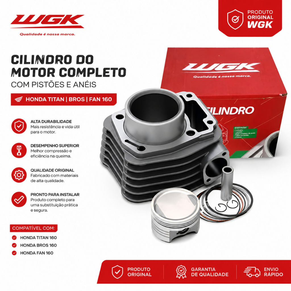 Cilindro Do Motor Completo com Pistoes E Aneis Honda Titan Bros Fan 160 Original Wgk