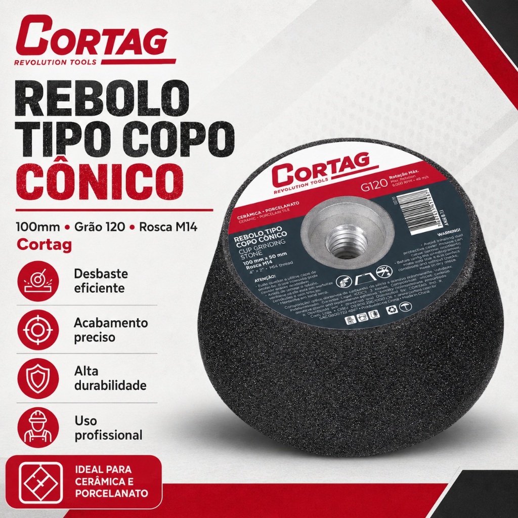 Rebolo Tipo Copo Cônico 100mm Grão 120 Rosca M14 Cortag