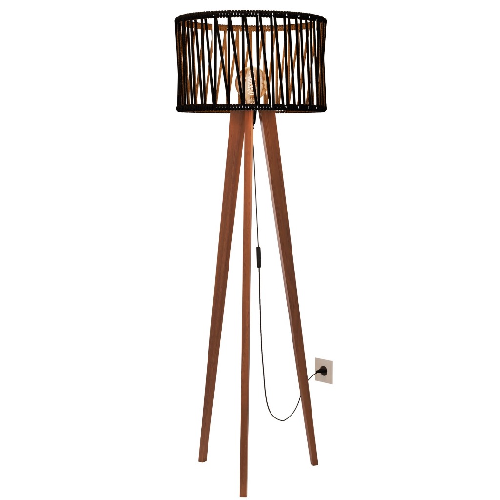 Abajur De Chão Tripé Madeira Luminária De Piso Sala Quarto Corda Náutica Decorativa Moderna