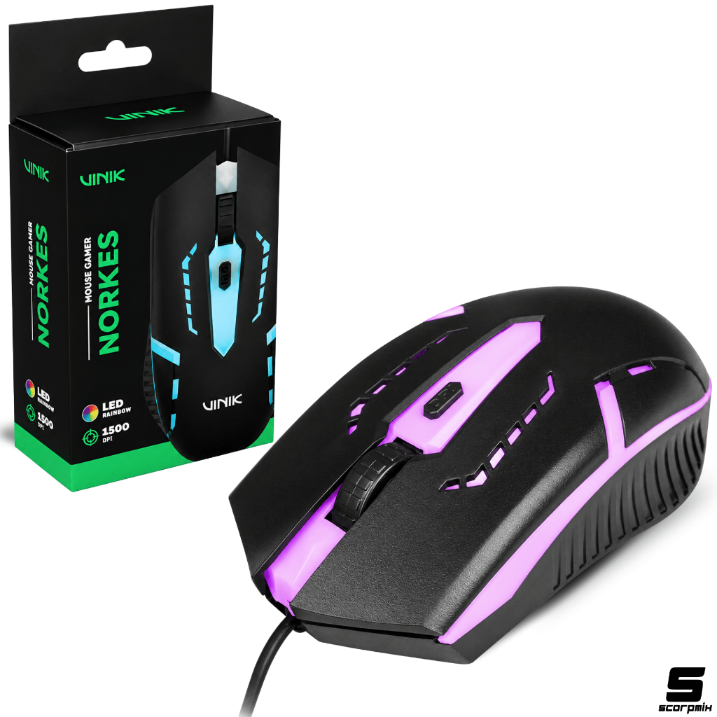 Mouse Gamer Vinik Norkes RGB 1500 DPI USB LED Rainbow 3 Botões Com Fio 1,5m