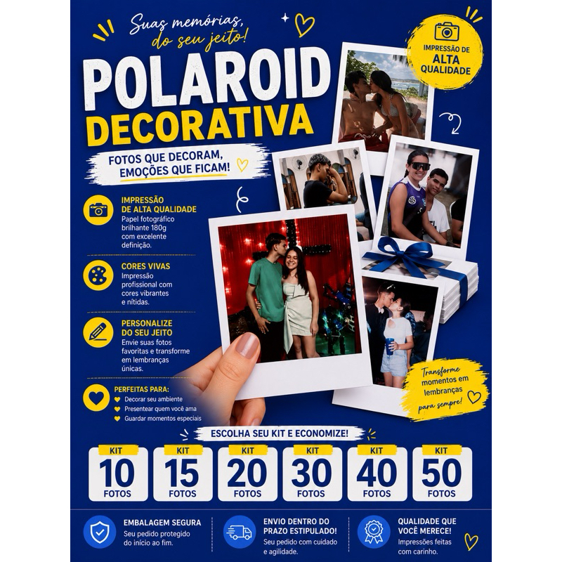 Fotos Polaroid Personalizadas 9,5x12cm | Impressão Fotográfica Premium | Kit com 10 a 50 Fotos Foto Retro