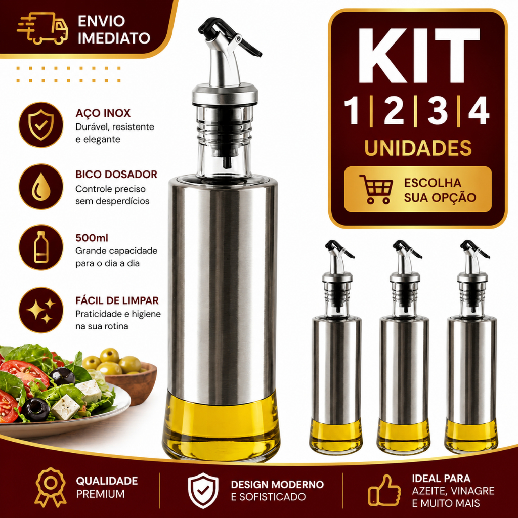 Galheteiro Azeiteiro Inox 500ml 1/2/3/4 com Bico Dosador Anti Gotejamento Porta Azeite Premium Cozinha Gourmet